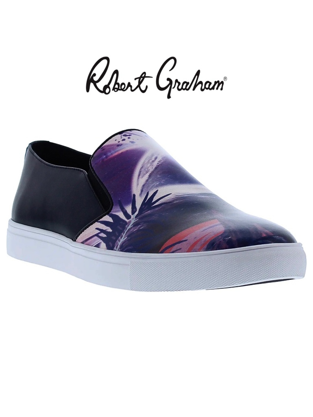 ROBERT GRAHAM MEN'S WLLAMAR NIB SLIP-ON OCEAN PRINT BLACK SNEAKERS. SIZE 10
